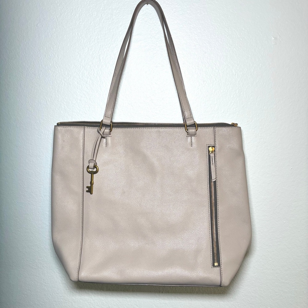 Fossil Genuine Leather Tara Tote Shoulder Bag Cream Beige Taupe Pockets EUC